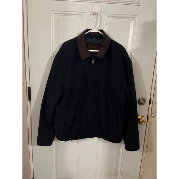 Dockers black zip front wool blend bomber jacket with brown collar size XL